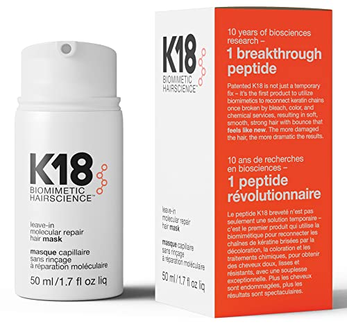 The K18 Leave-In Molecular Repair Hair Mask Treatment to Repair Damaged Hair - 4 Minutes to Reverse Damage from Bleach, Color, Chemical Services, 50 ml